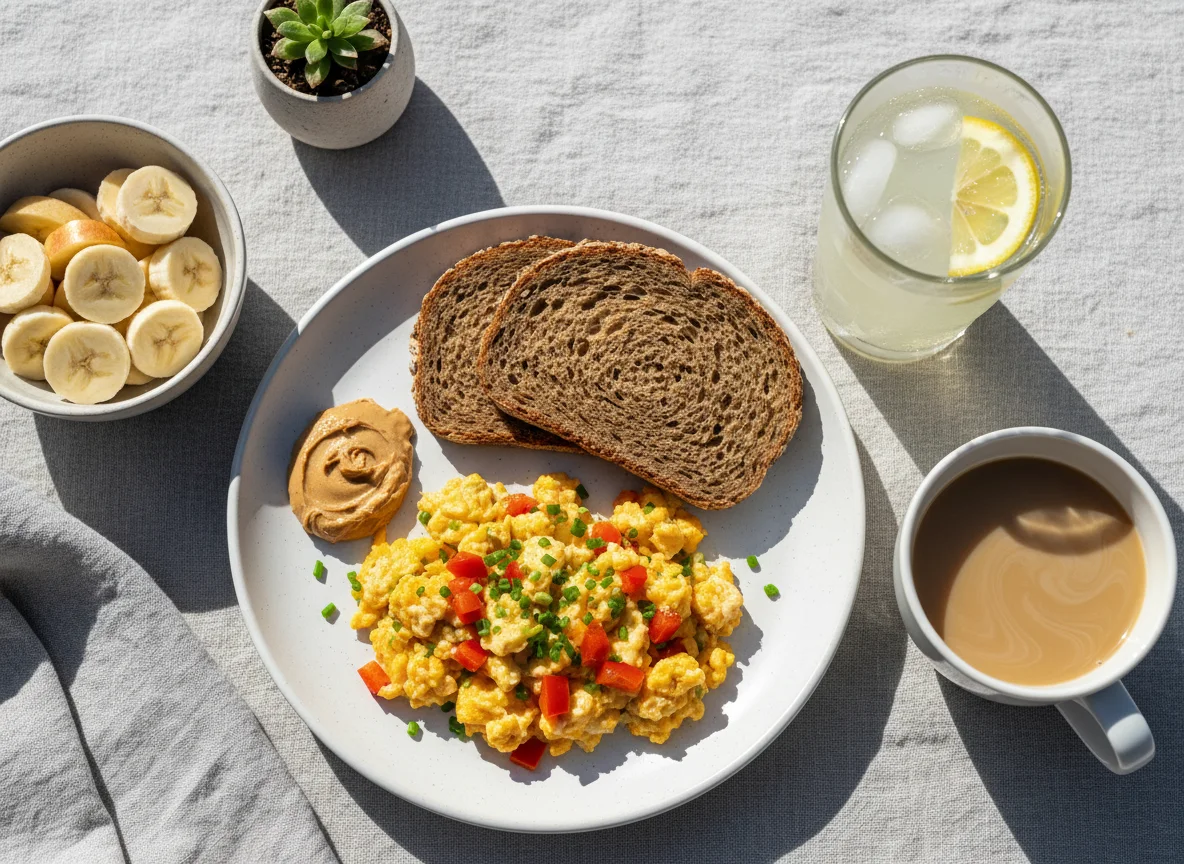 Frühstück mit Brot, Rührei, Obst und Getränken photo