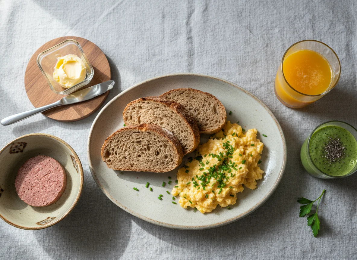 Frühstück mit Brot, Rührei, Orangensaft und Smoothie photo