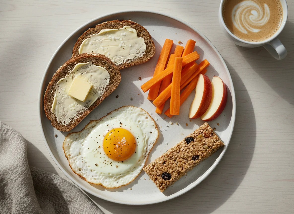 Frühstück mit Brot, Spiegelei, Gemüse und Obst photo