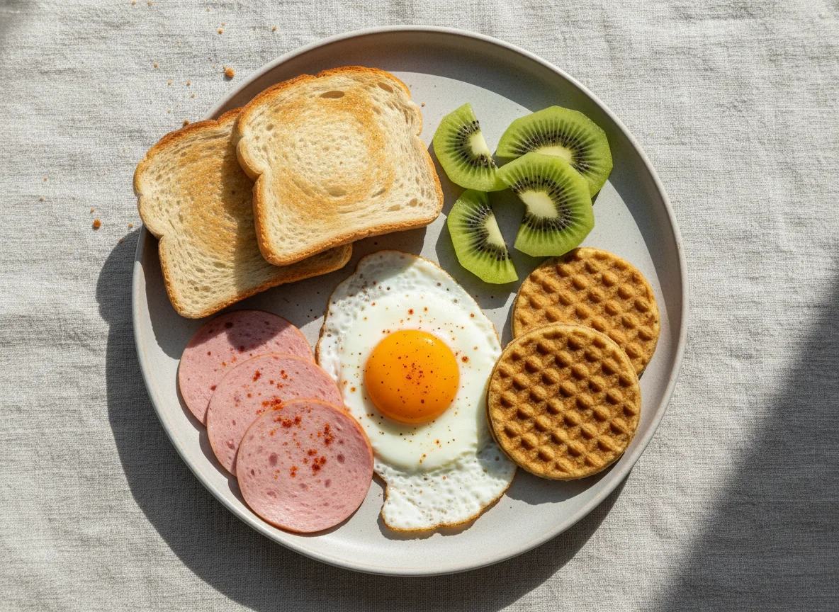 Frühstück mit Brot, Wurst, Spiegelei, Linsenwaffel und Kiwis photo