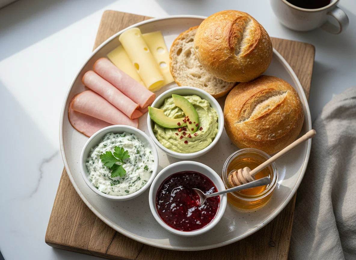 Frühstück mit Brötchen, Aufschnitt und Aufstrichen photo