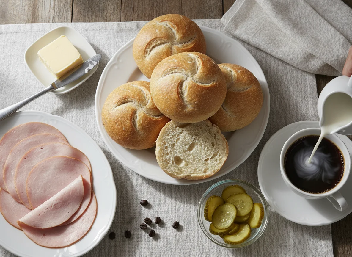 Frühstück mit Brötchen, Aufschnitt und Kaffee photo