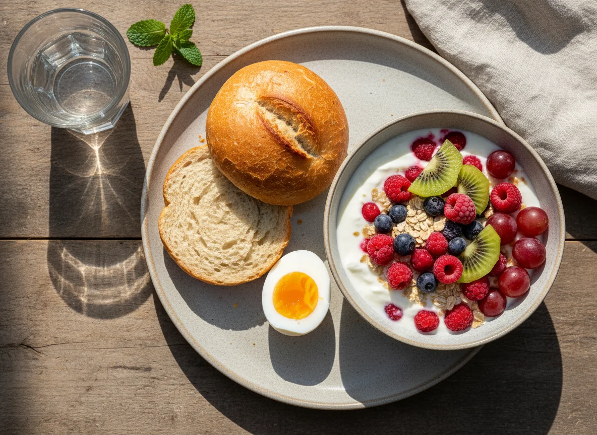 Frühstück mit Brötchen, Ei, Obst und Müsli photo