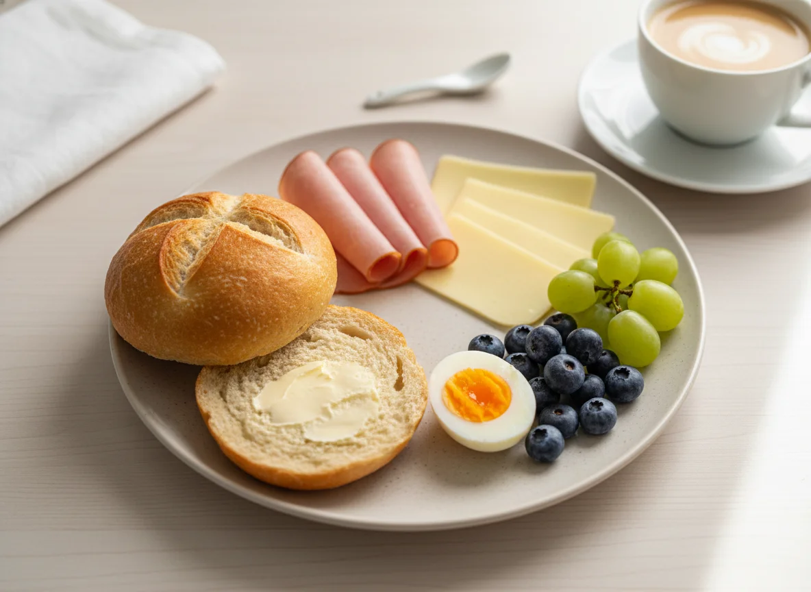 Frühstück mit Brötchen, Ei und Obst photo