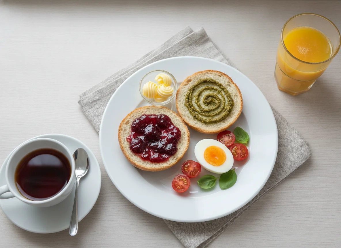 Frühstück mit Brötchen, Ei und Orangensaft photo