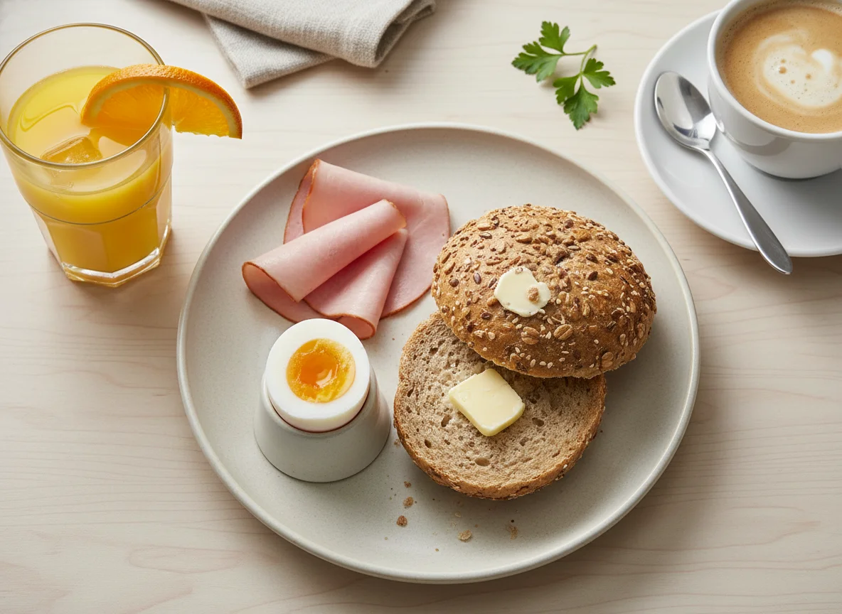 Frühstück mit Brötchen, Ei und Saft photo