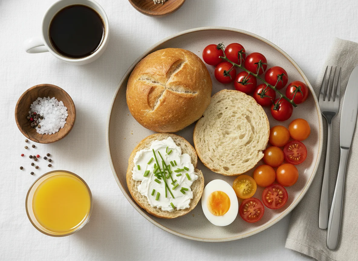 Frühstück mit Brötchen, Ei und Tomaten photo