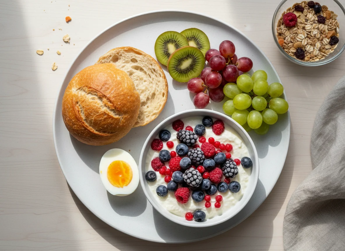 Frühstück mit Brötchen, Eiern, Obst und Müsli photo