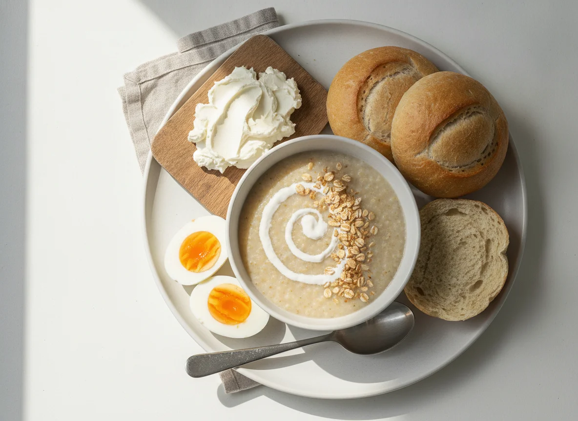 Frühstück mit Brötchen, Eiern und Haferbrei photo