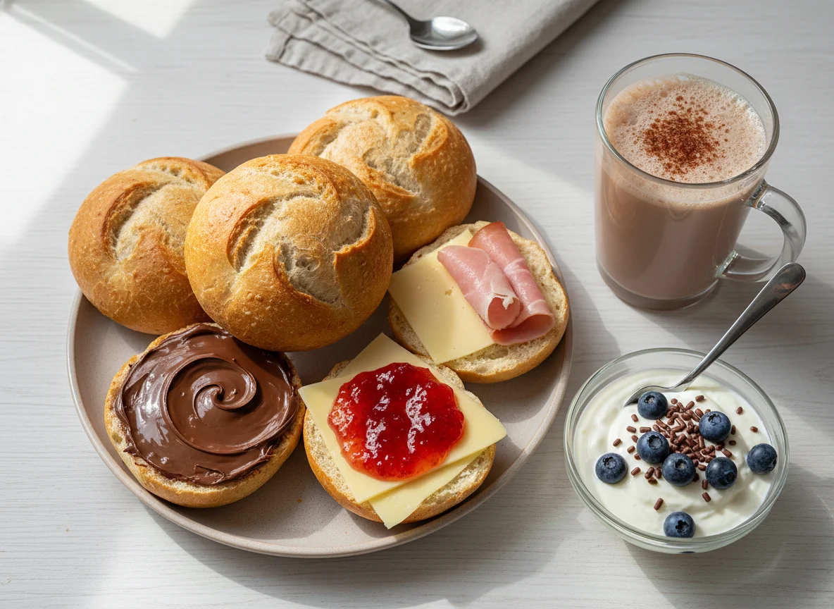 Frühstück mit Brötchen, Joghurt und Kakao photo