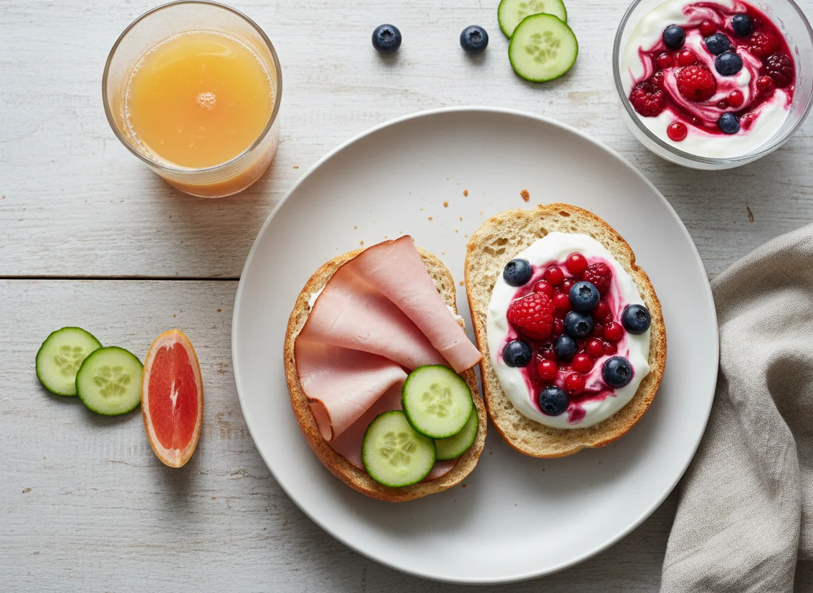 Frühstück mit Brötchen, Joghurt und Saft photo