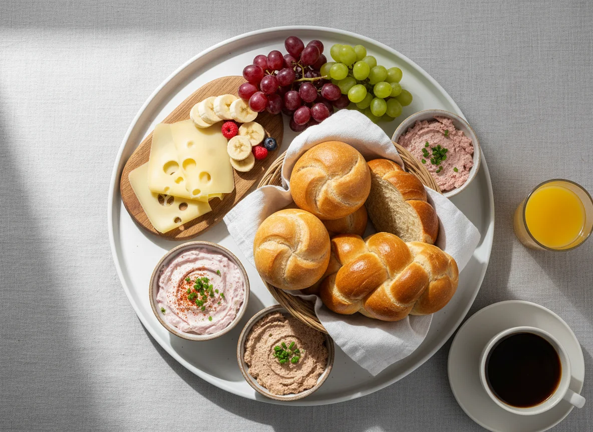 Frühstück mit Brötchen, Käse, Aufstrich und Obst photo