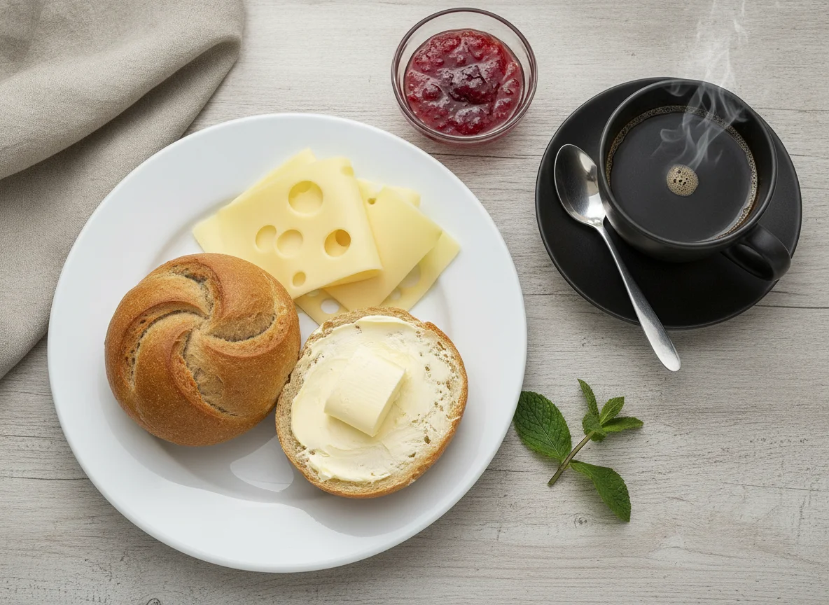 Frühstück mit Brötchen, Käse, Marmelade und Kaffee photo