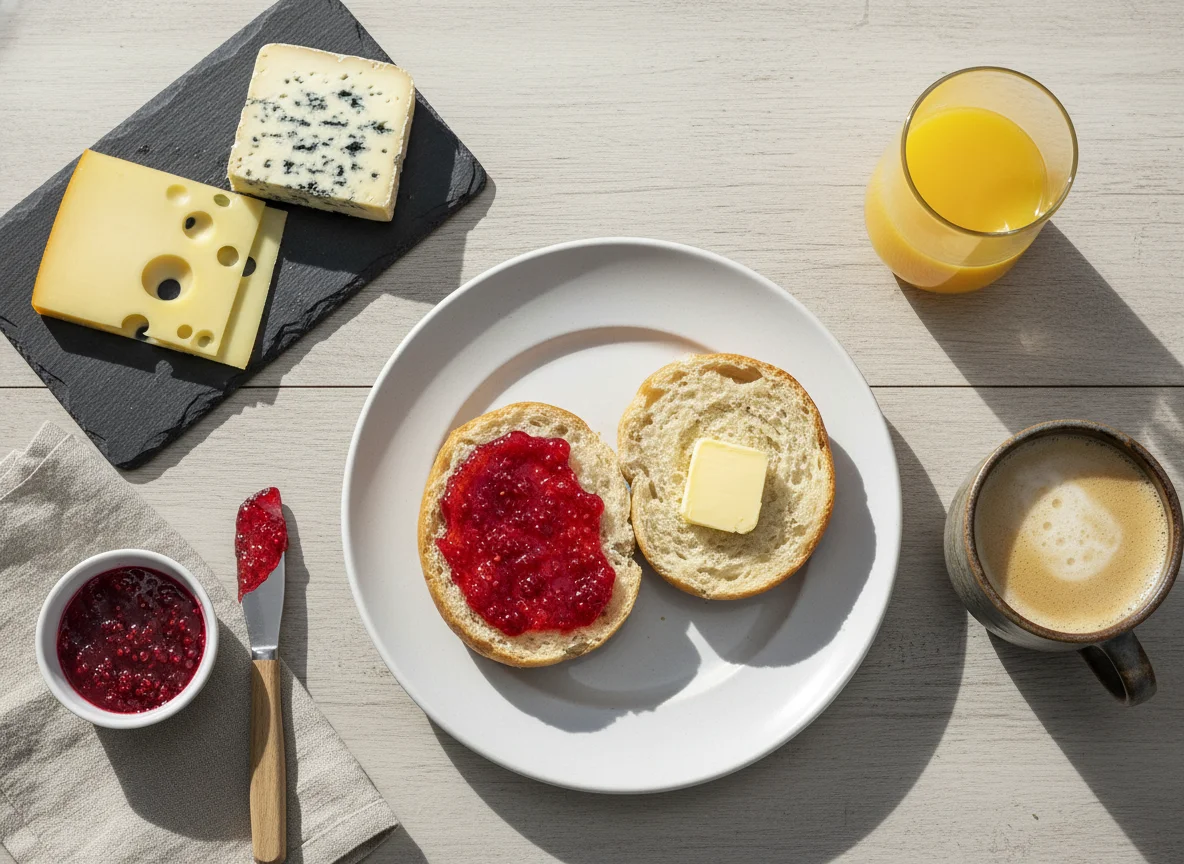 Frühstück mit Brötchen, Käse, Tee und Orangensaft photo