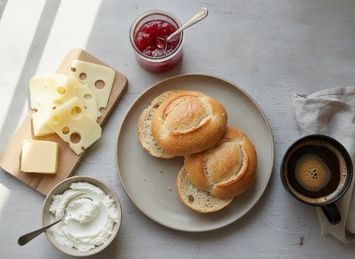 Frühstück mit Brötchen, Käse und Kaffee photo