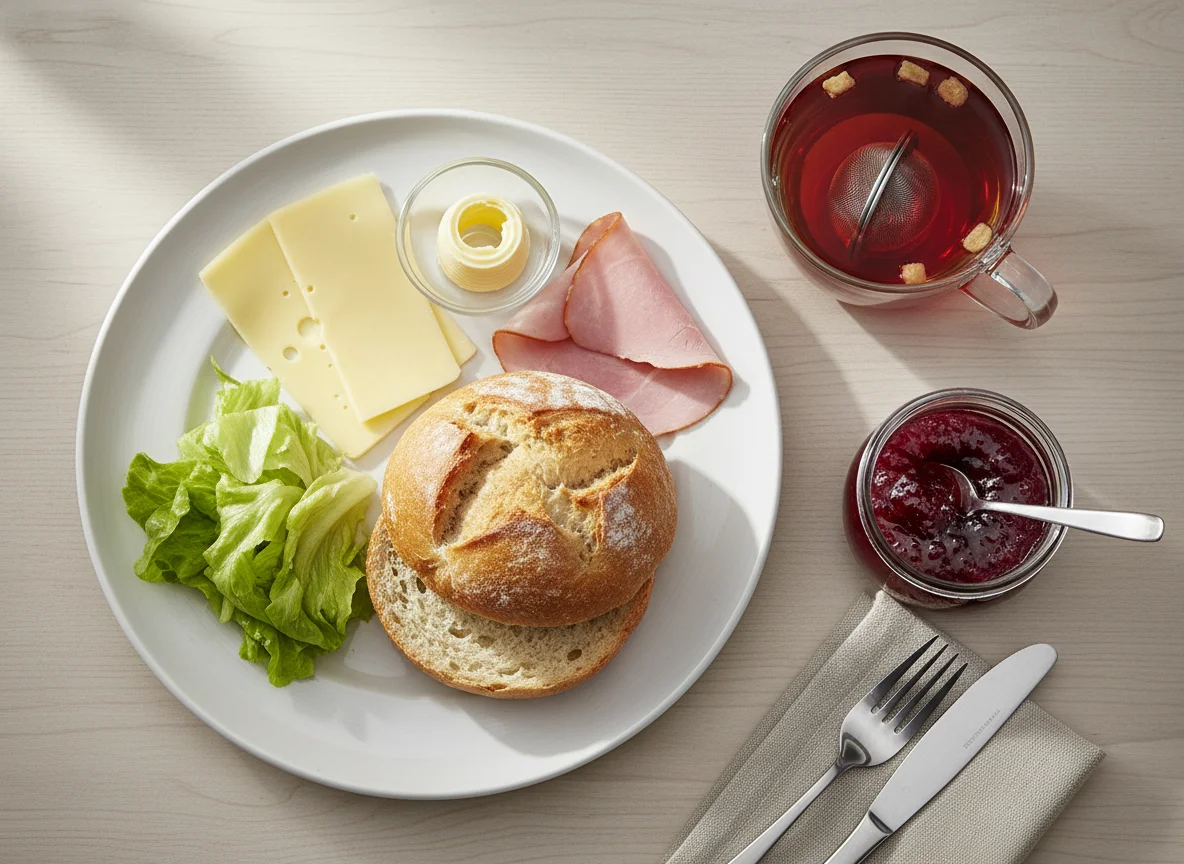 Frühstück mit Brötchen, Käse und Tee photo