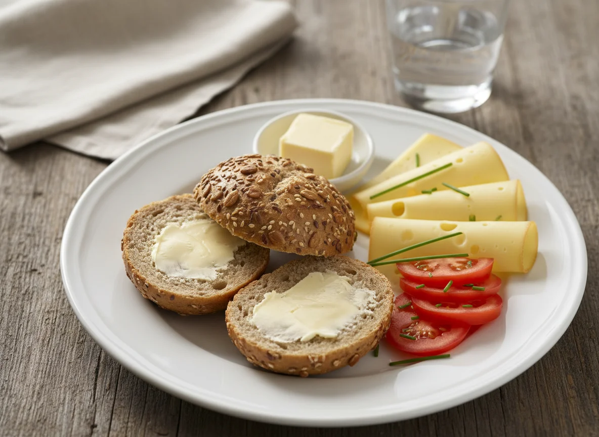 Frühstück mit Brötchen, Käse und Tomate photo
