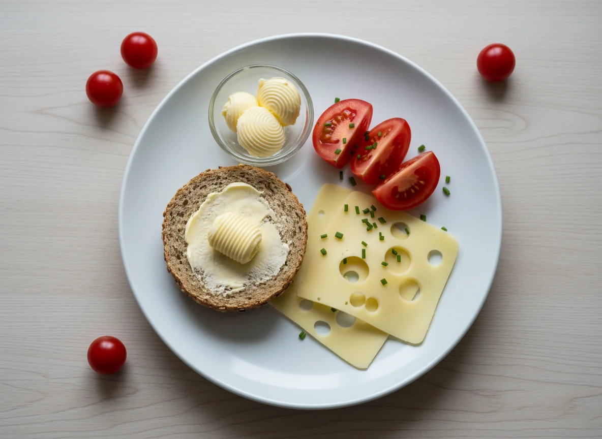 Frühstück mit Brötchen, Käse und Tomaten photo