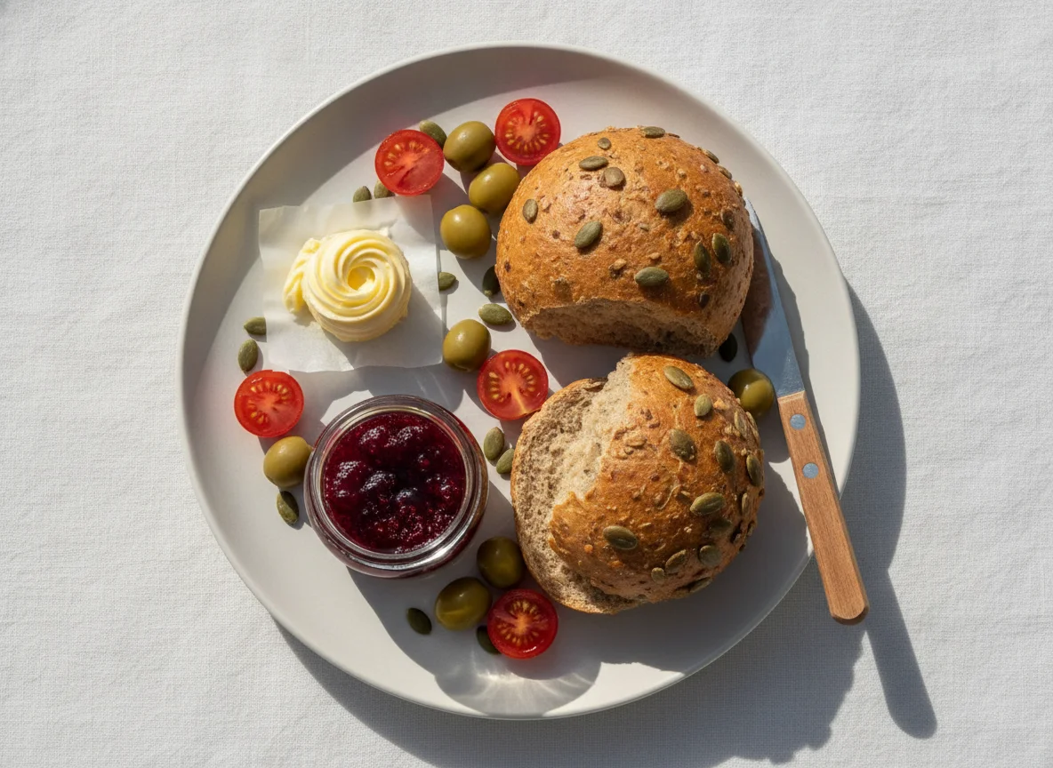 Frühstück mit Brötchen, Marmelade, Butter und Gemüse photo