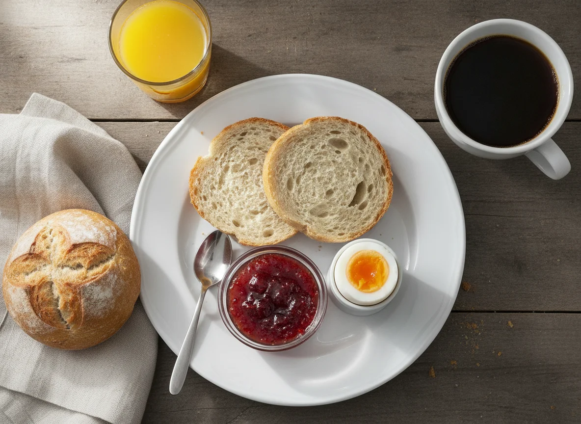 Frühstück mit Brötchen, Marmelade und Ei photo