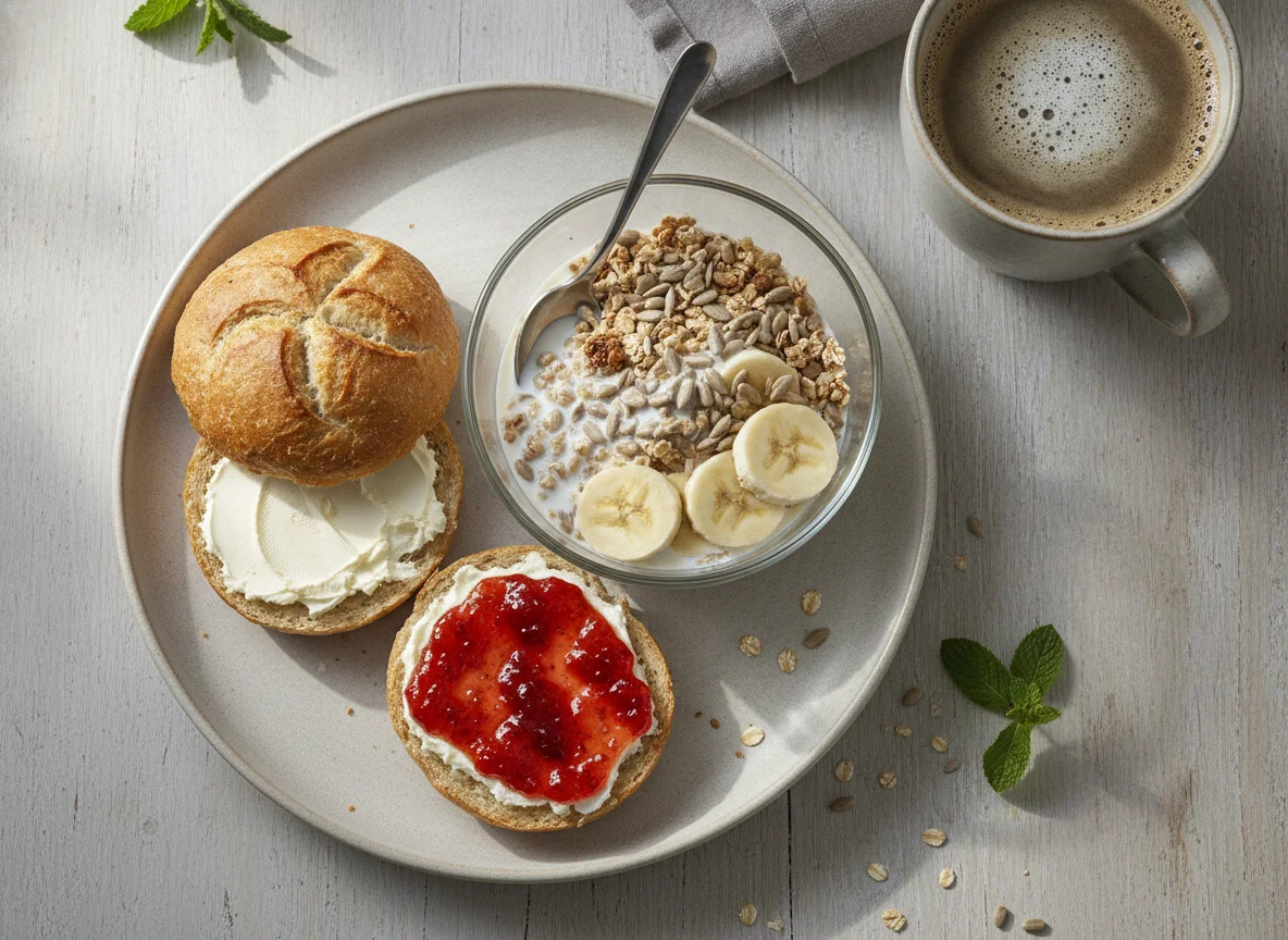 Frühstück mit Brötchen, Müsli und Kaffee photo