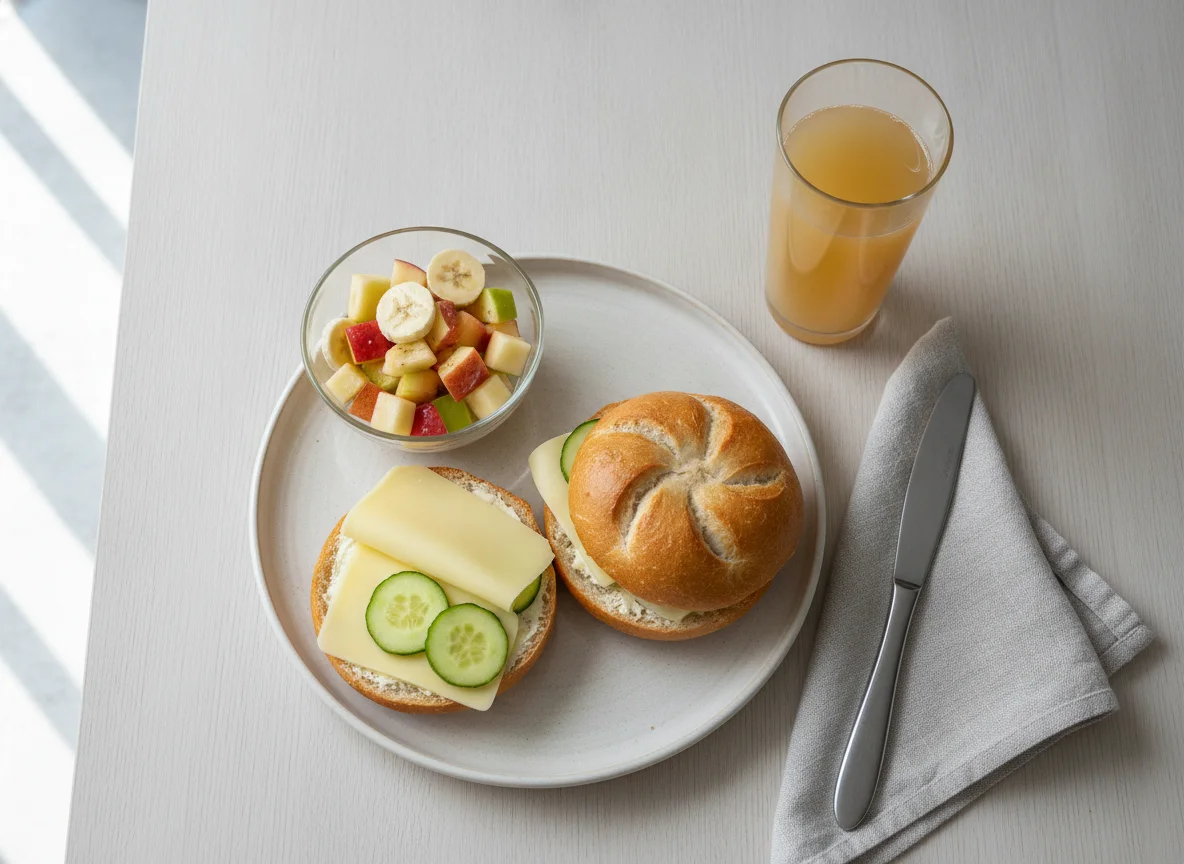 Frühstück mit Brötchen, Obstsalat und Saft photo