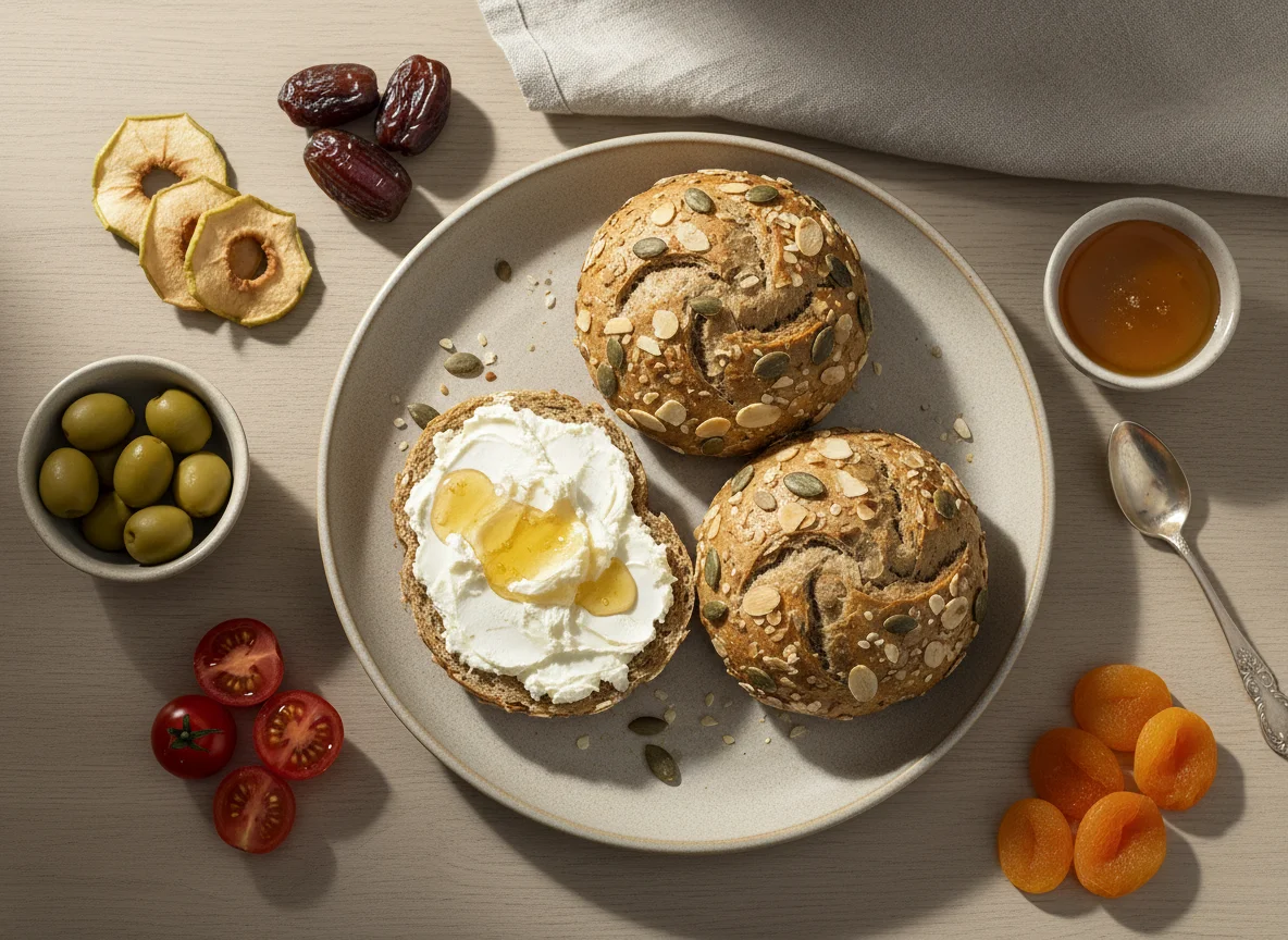 Frühstück mit Brötchen, Oliven und Trockenfrüchten photo
