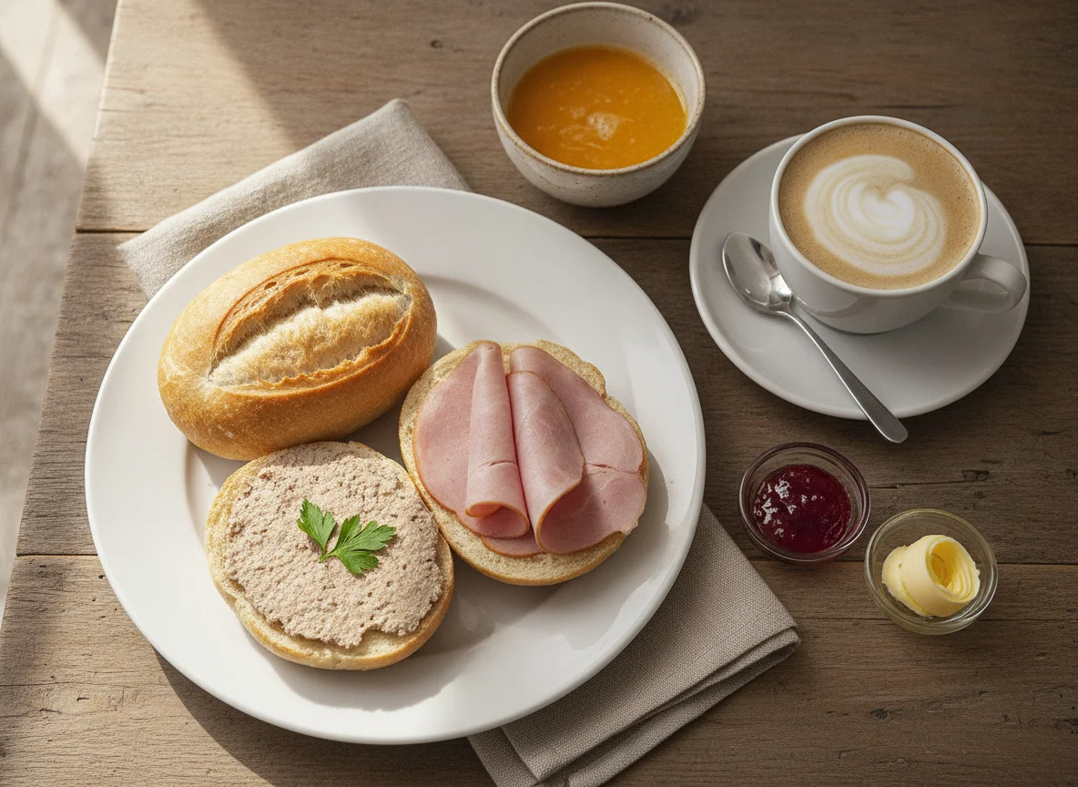 Frühstück mit Brötchen, Orangensaft und Kaffee photo