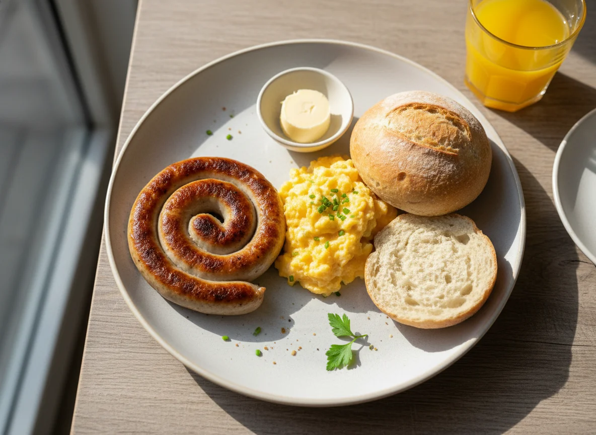Frühstück mit Brötchen, Rührei und Wurst photo