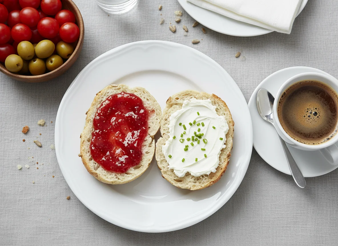 Frühstück mit Brötchen, Tomaten, Oliven und Kaffee photo