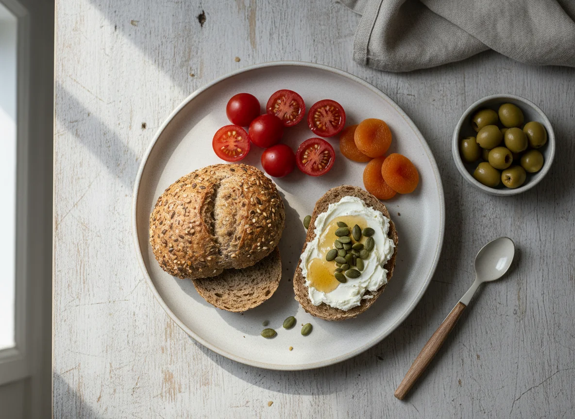 Frühstück mit Brötchen und Beilagen photo