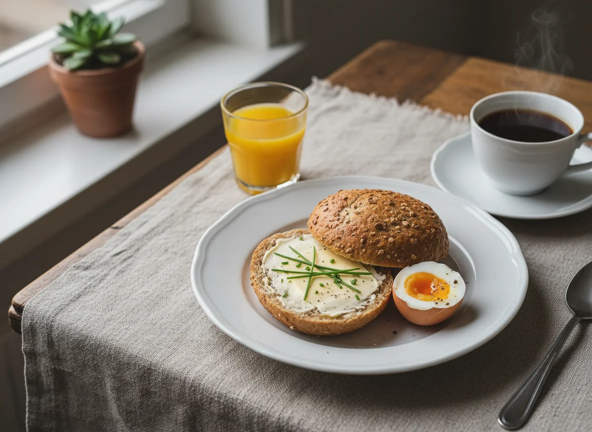 Frühstück mit Brötchen und Ei photo