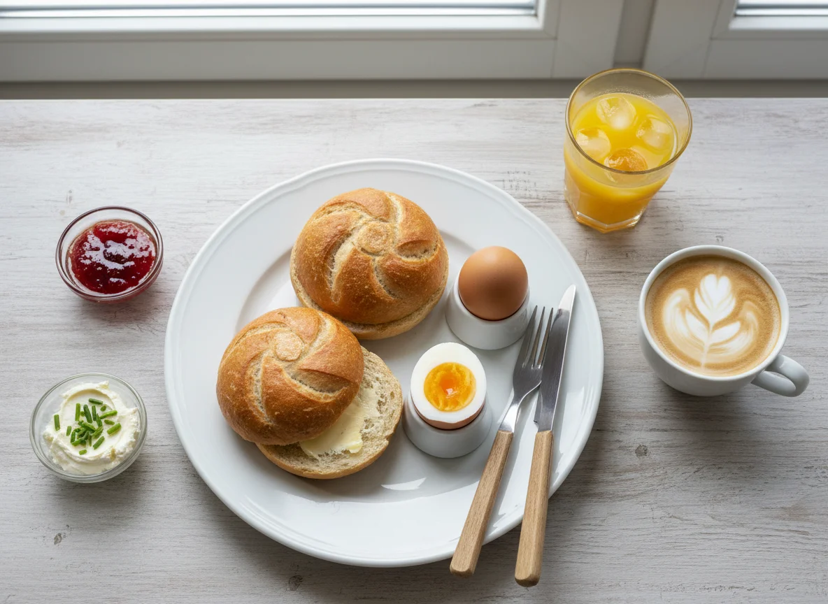 Frühstück mit Brötchen und Eiern photo