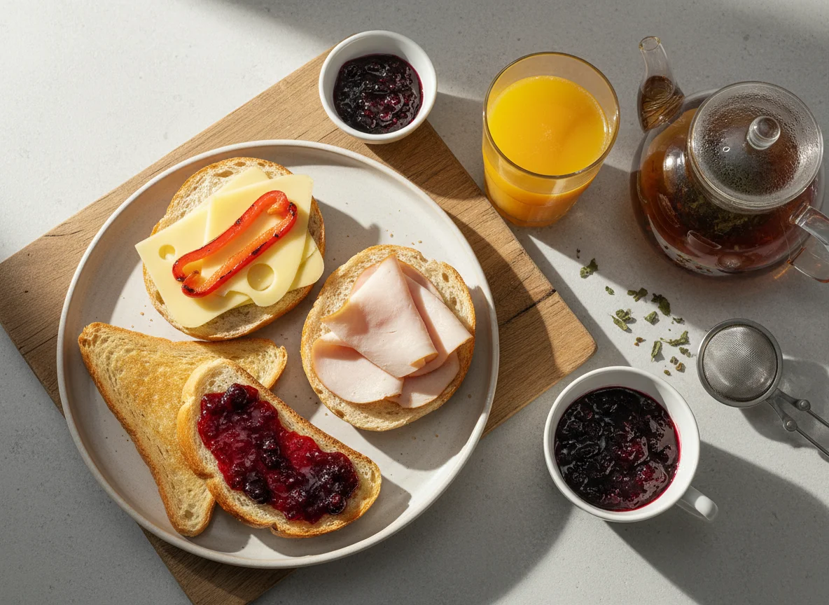 Frühstück mit Brötchen und Getränken photo