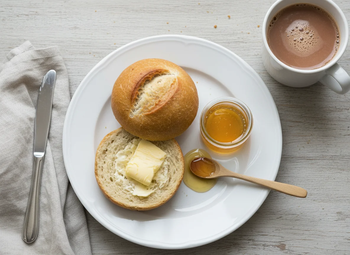 Frühstück mit Brötchen und Kakao photo