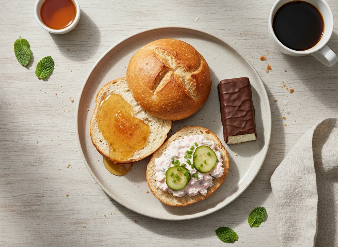 Frühstück mit Brötchen und Kinder Pinguí photo