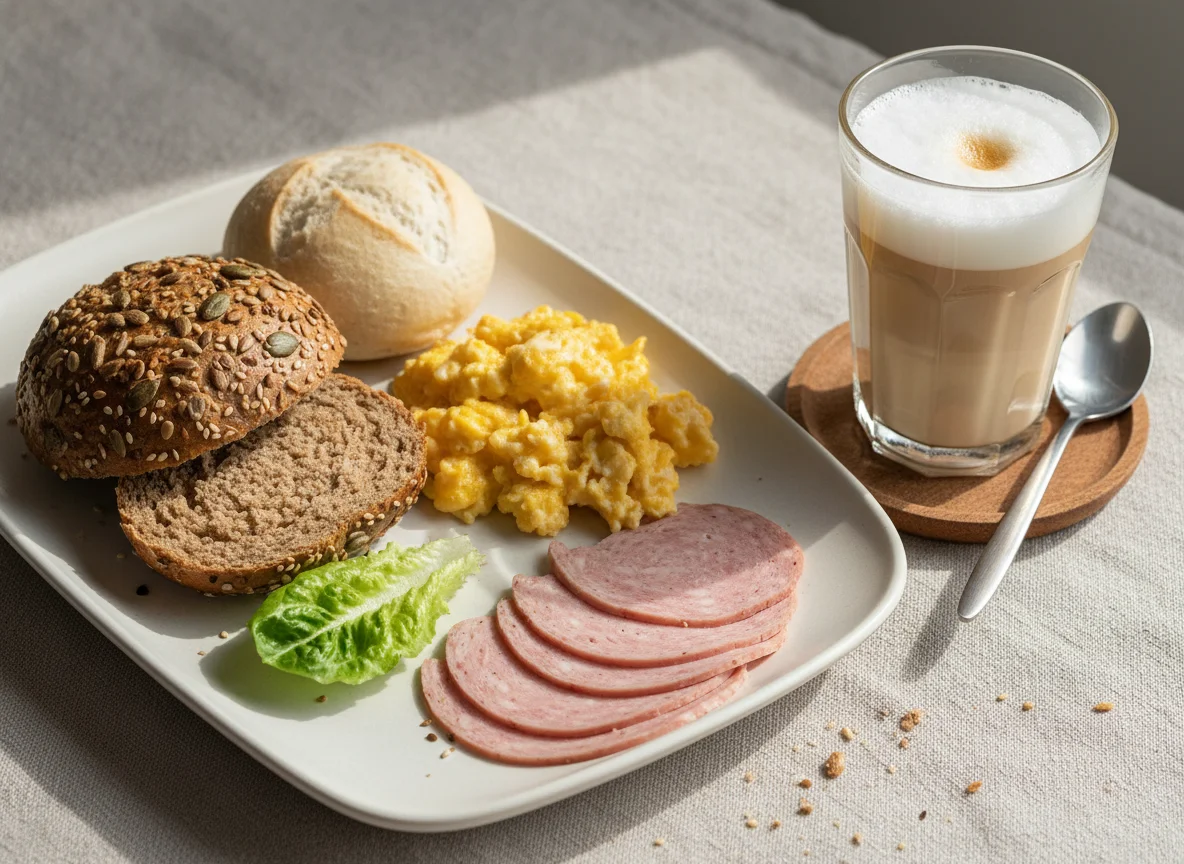 Frühstück mit Brötchen und Latte Macchiato photo