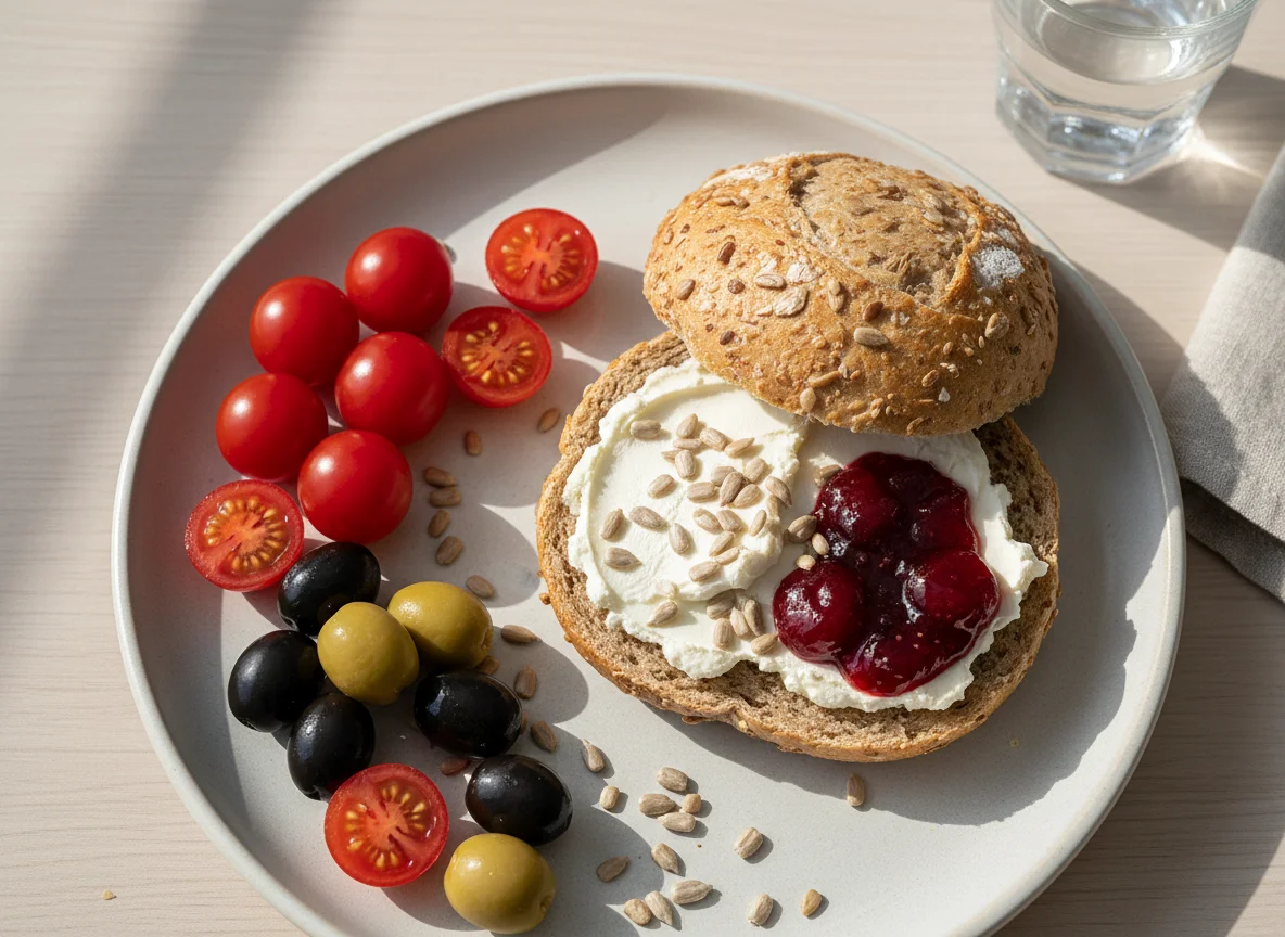 Frühstück mit Brötchen und Oliven photo
