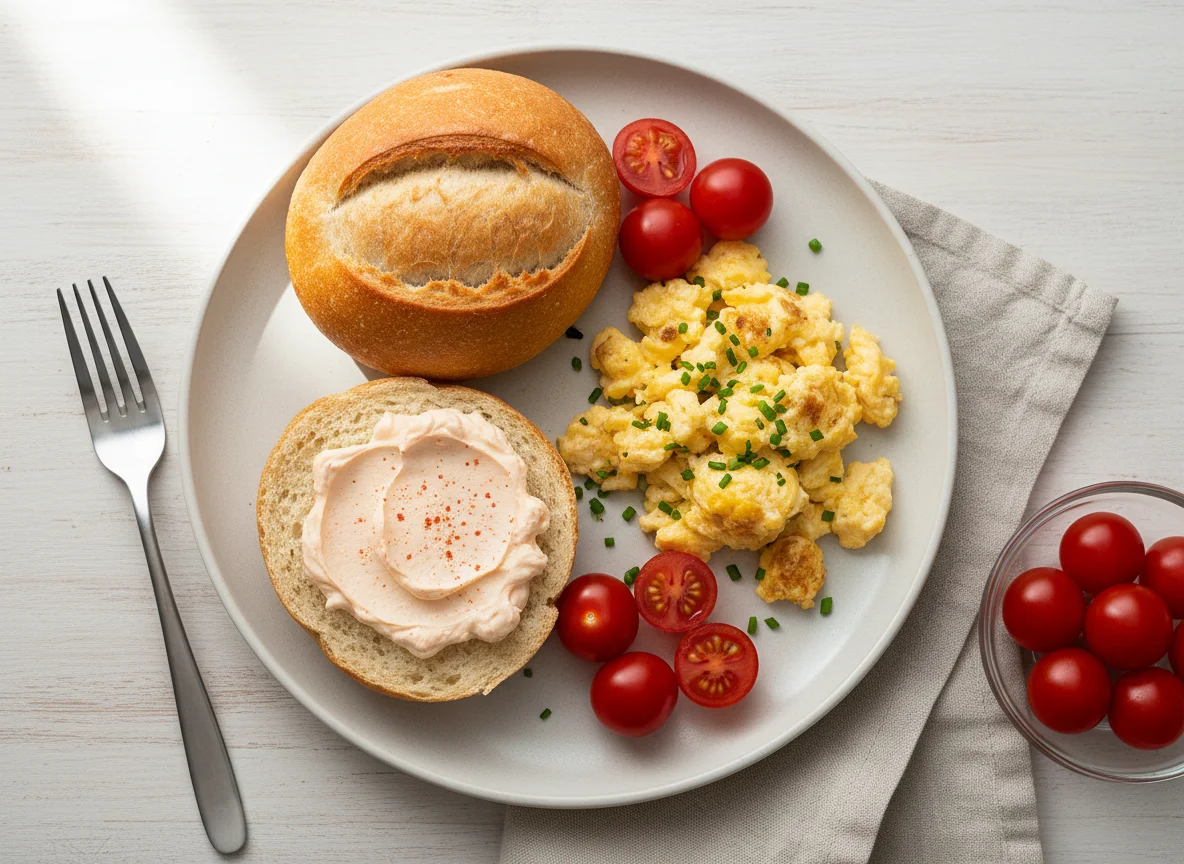 Frühstück mit Brötchen und Rührei photo