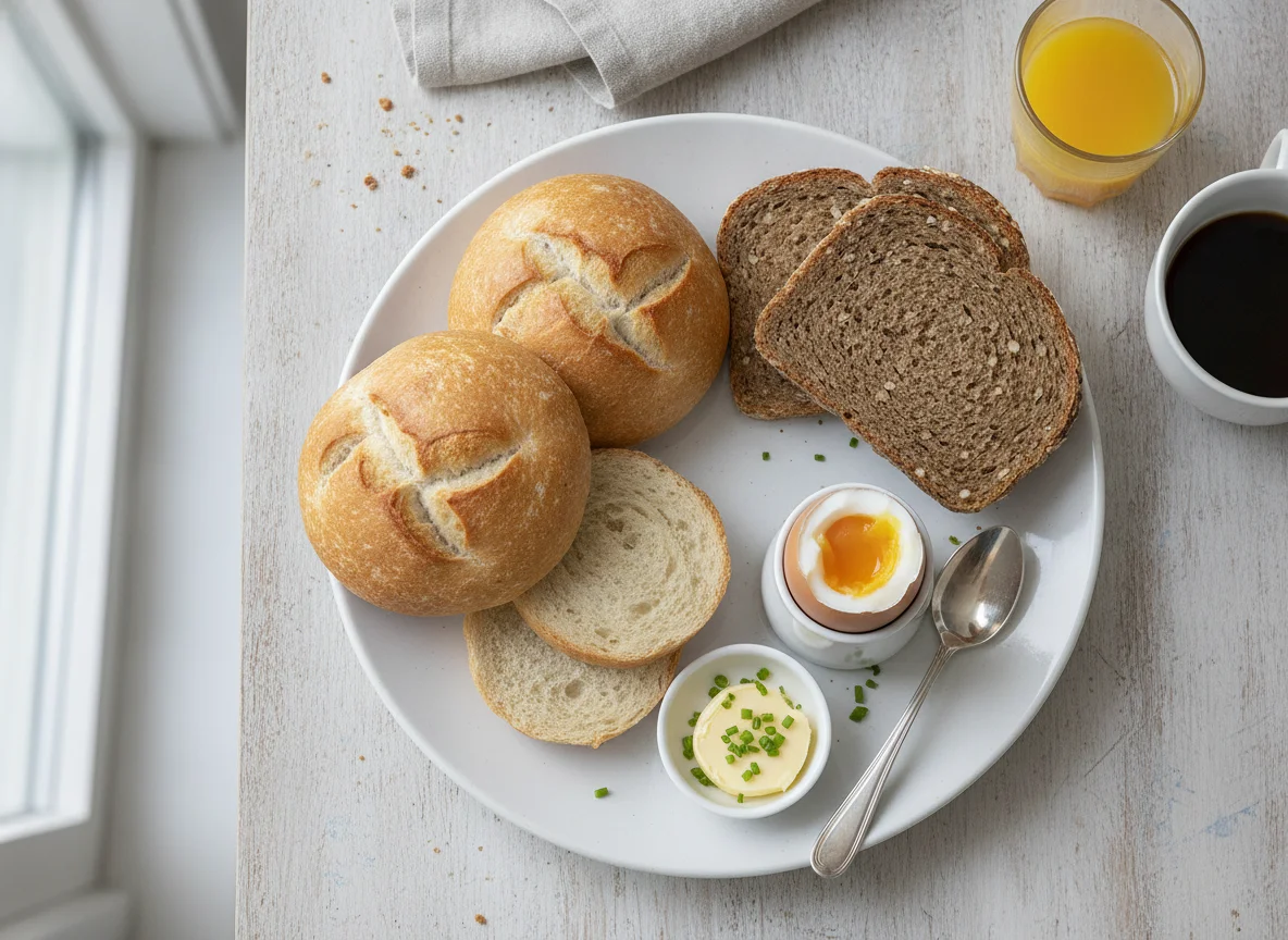 Frühstück mit Brötchen, Vollkornbrot und Ei photo
