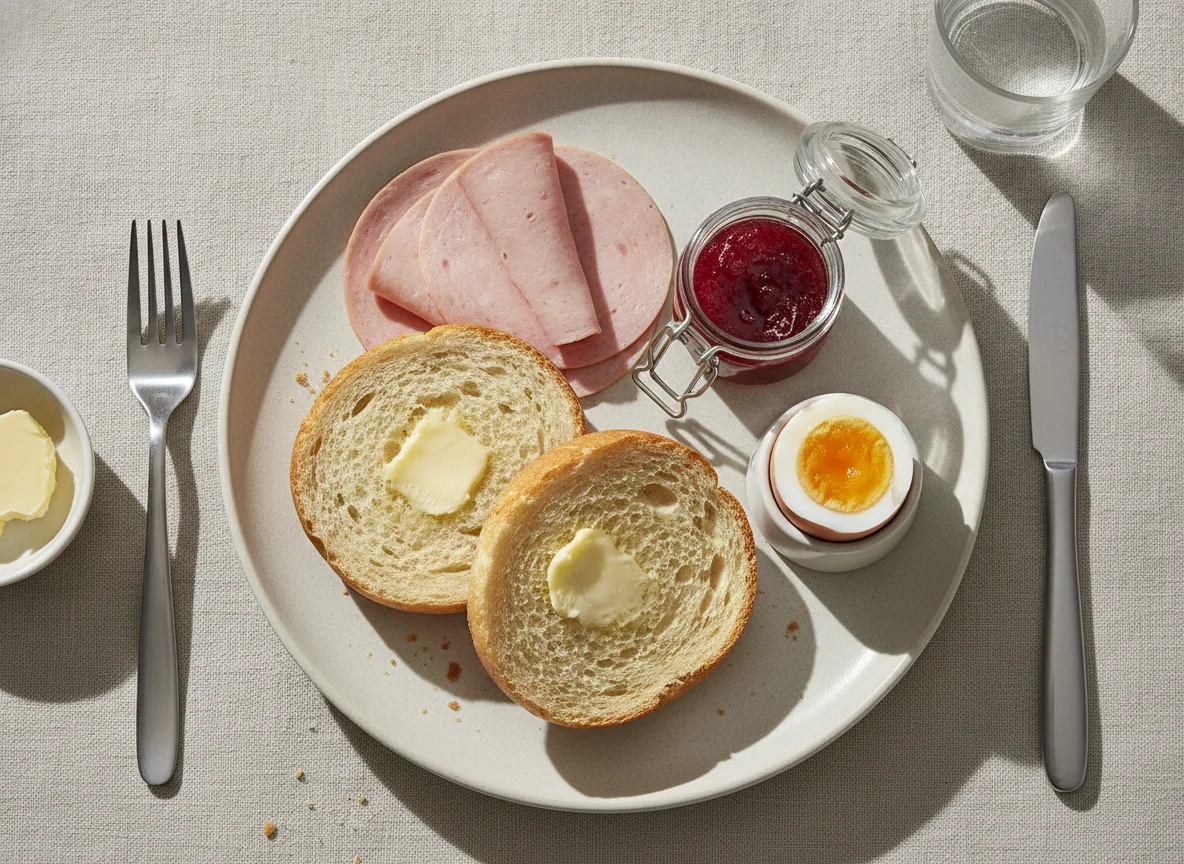 Frühstück mit Brötchen, Wurst und Ei photo