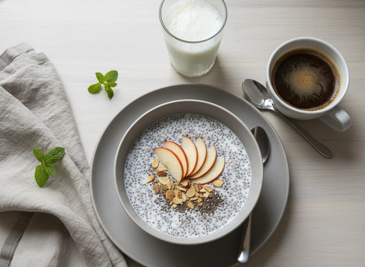 Frühstück mit Chia-Pudding, Milch und Kaffee photo