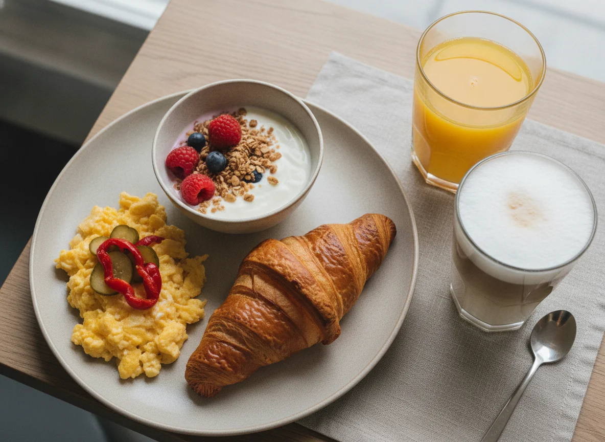 Frühstück mit Croissant, Joghurt, Saft und Kaffee photo