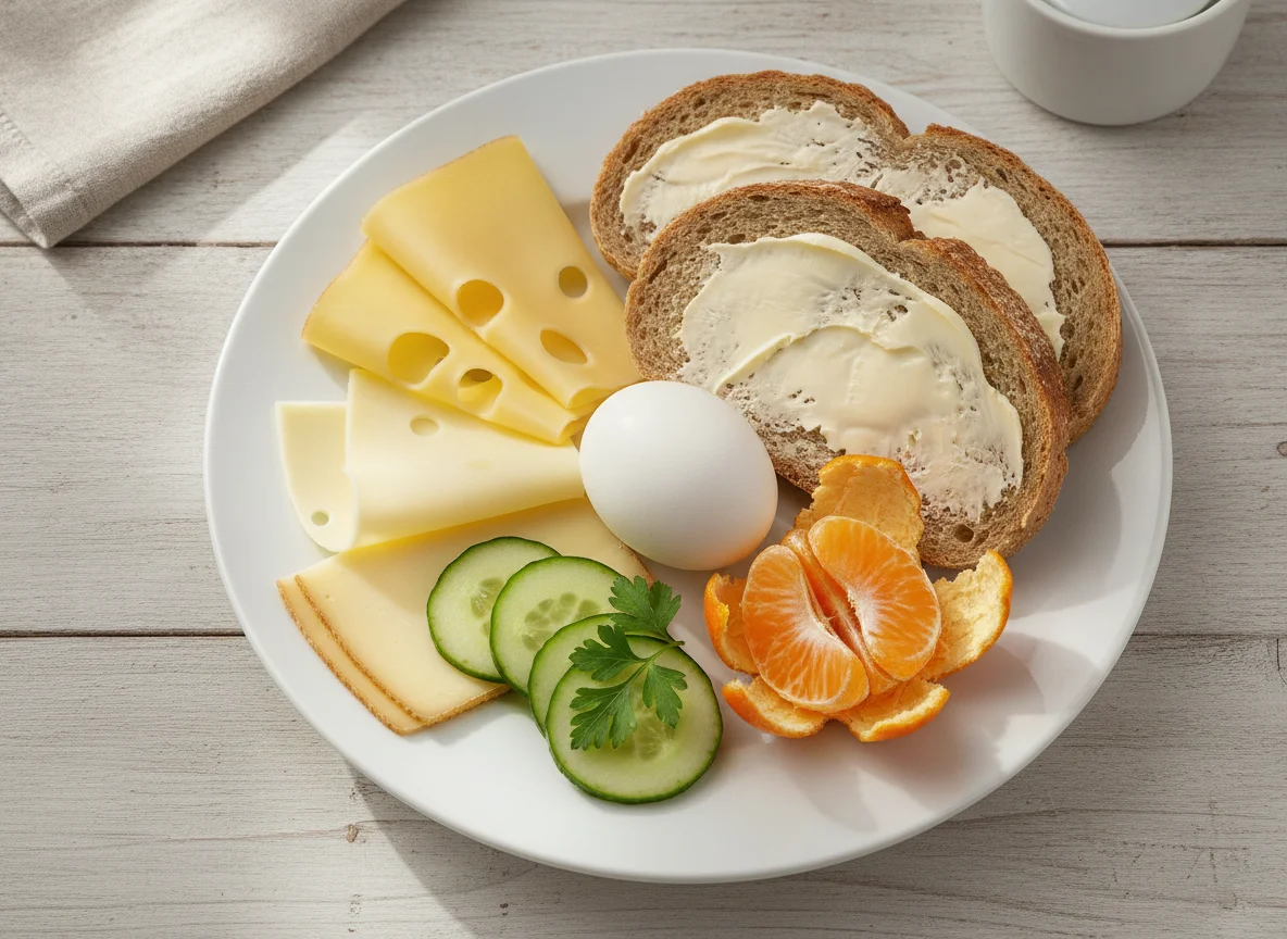 Frühstück mit Dinkelbrot, Käse, Gurke, Ei und Mandarine photo