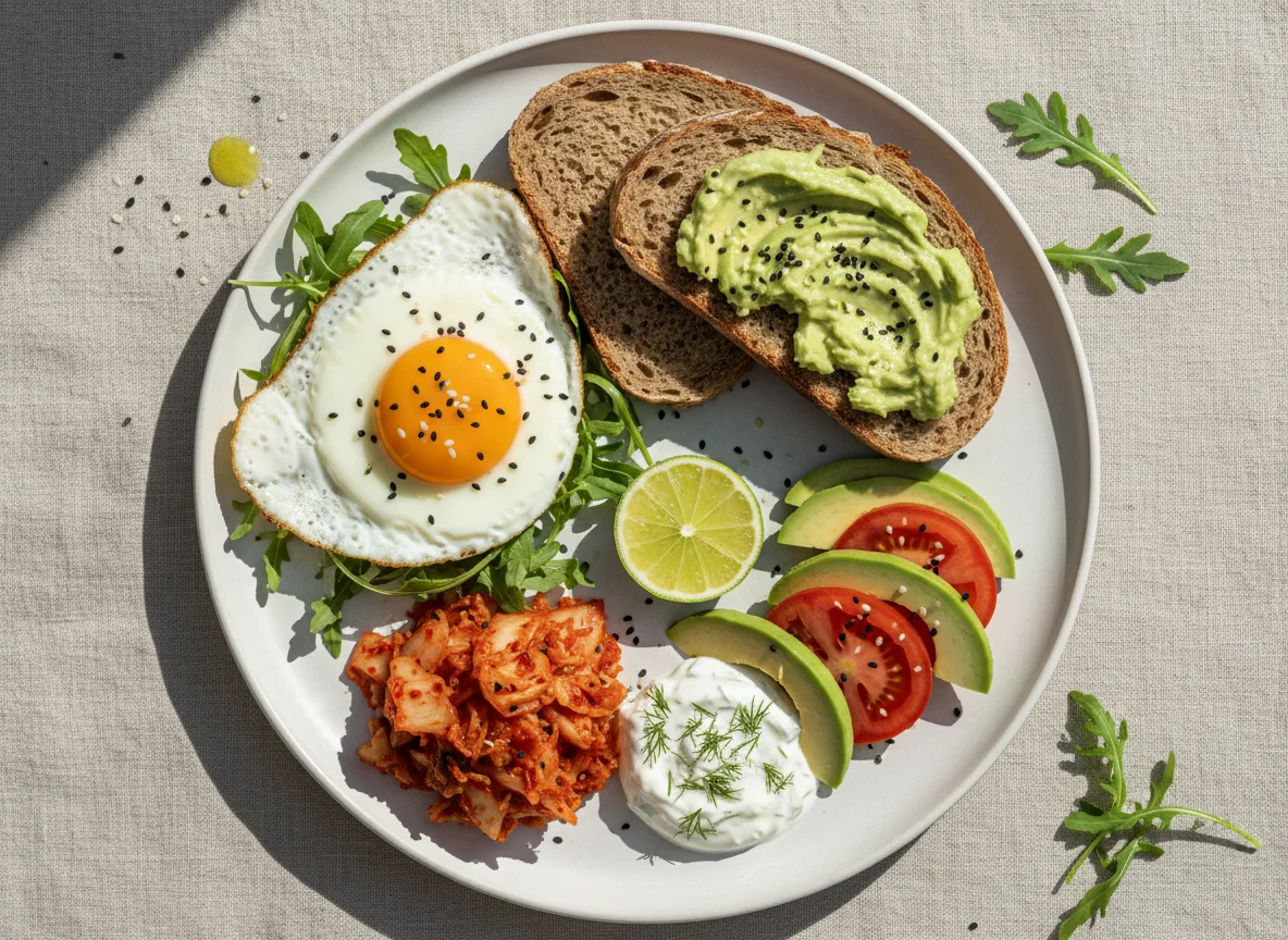 Frühstück mit Dinkel-Einkorn Brot, Ei, Avocado, Tomate und Kimchi photo