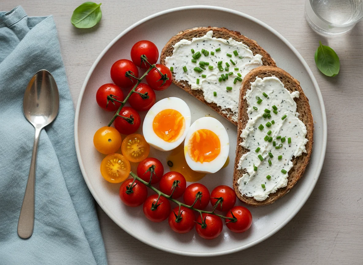 Frühstück mit Ei, Brot und Tomaten photo