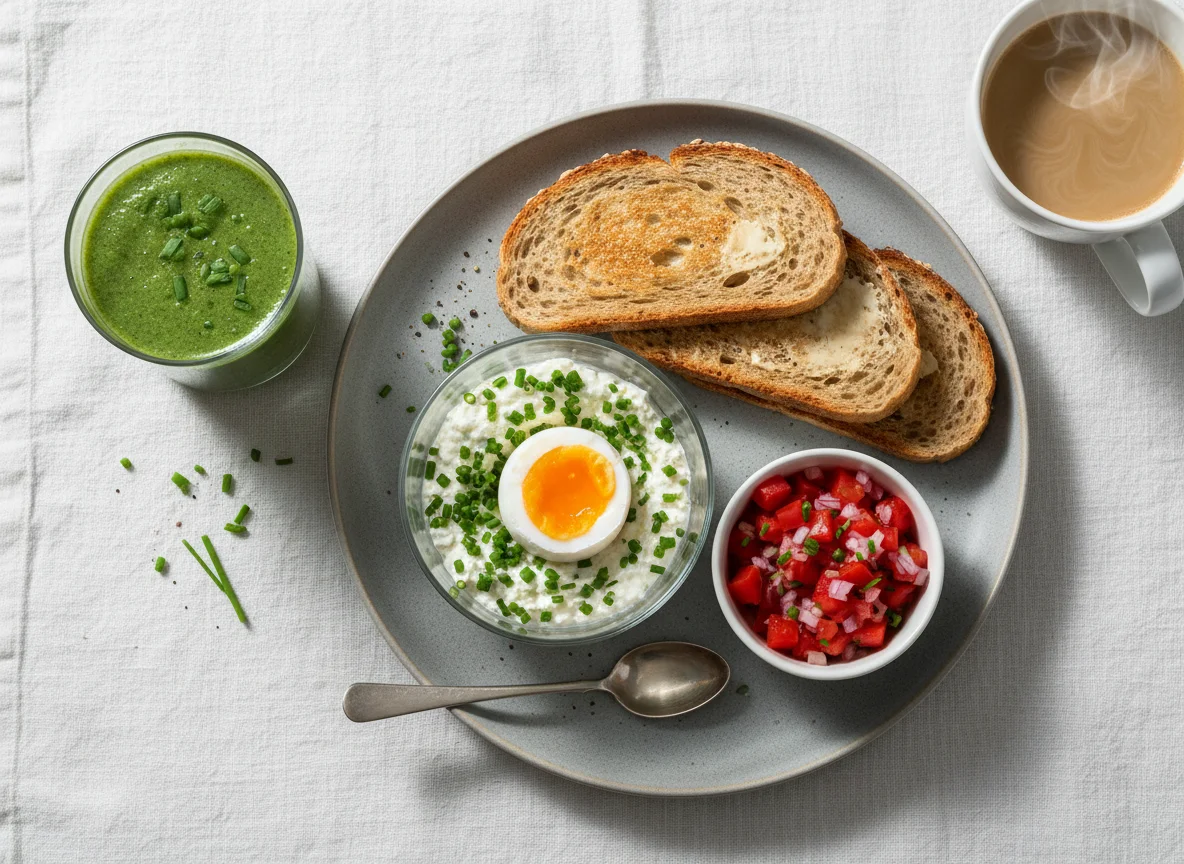 Frühstück mit Ei im Glas und Brot photo