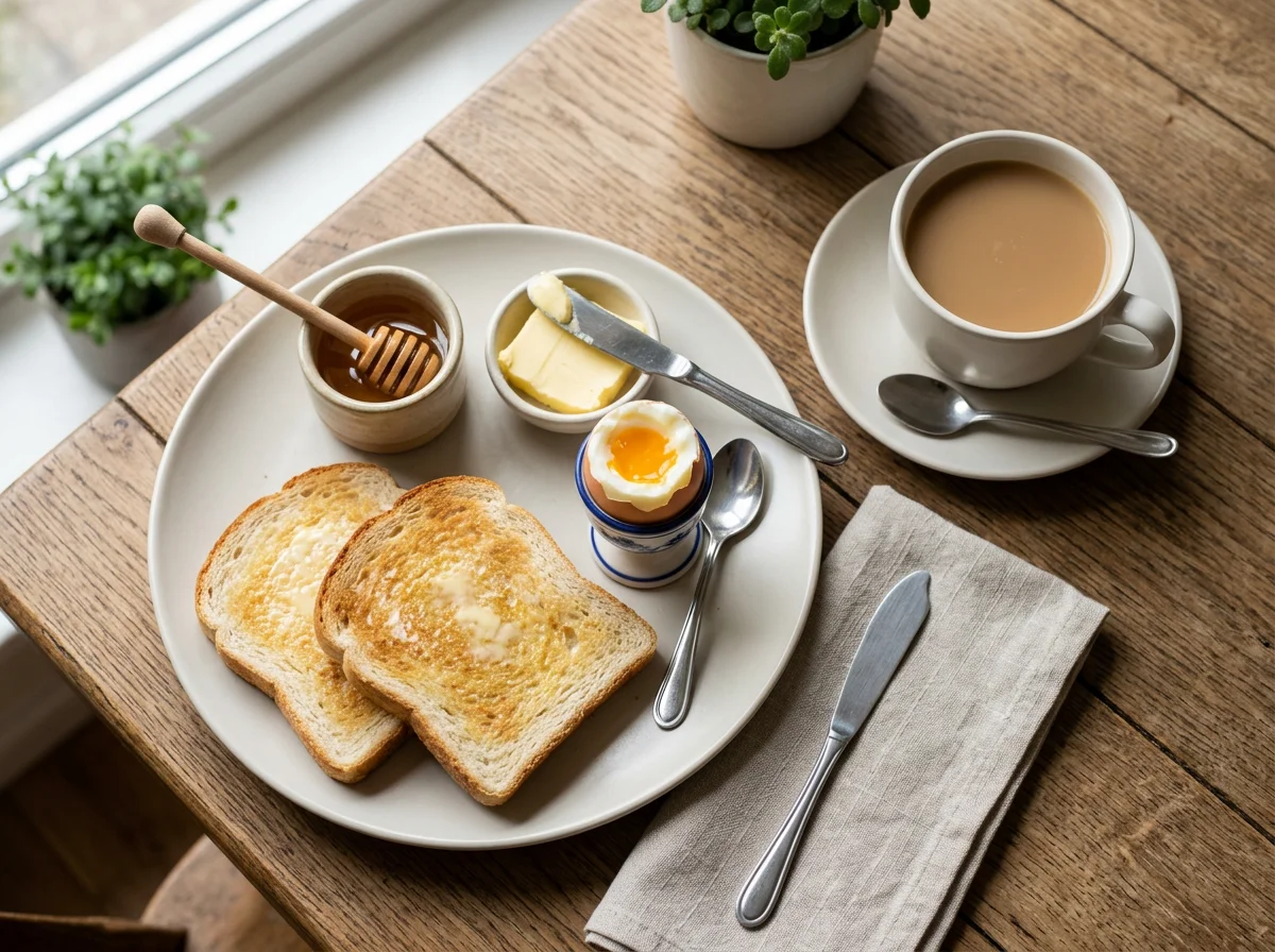 Frühstück mit Ei, Toast und Kaffee photo