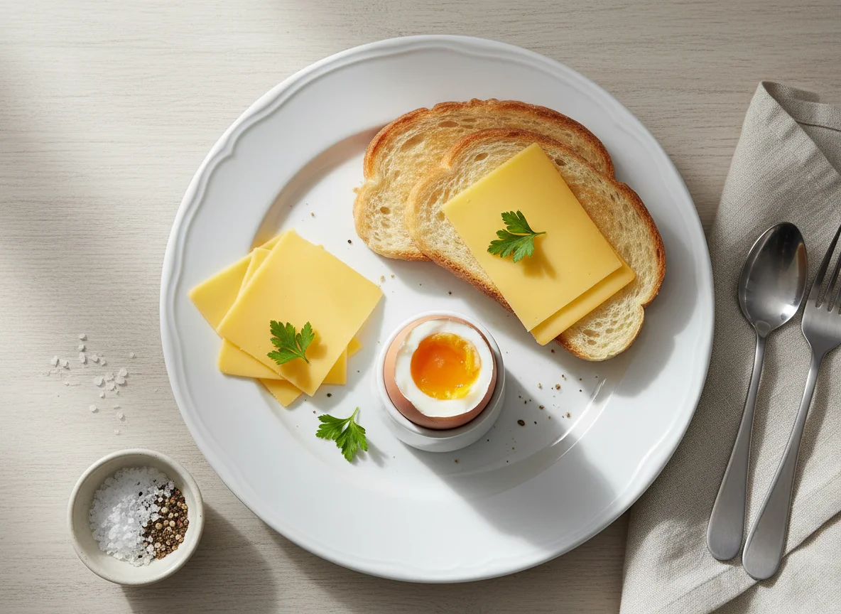 Frühstück mit Ei, Toast und Käse photo