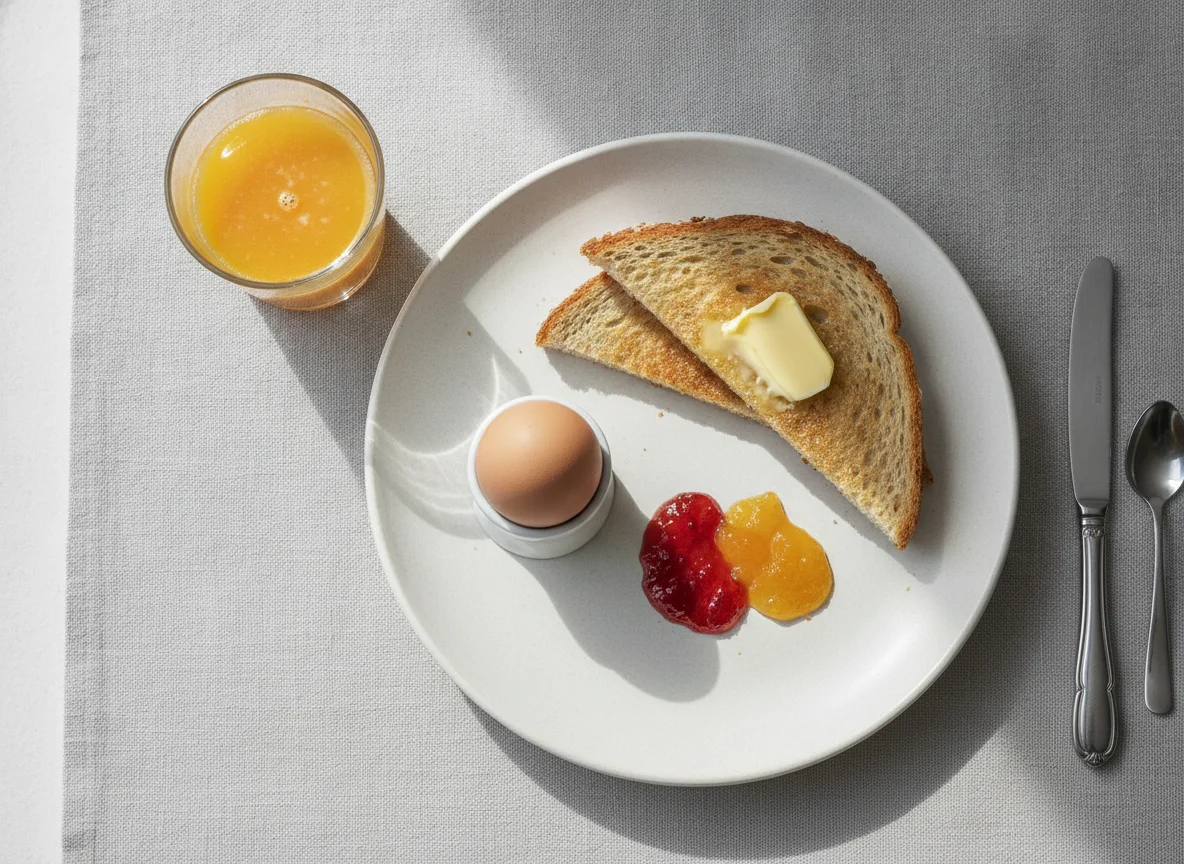 Frühstück mit Ei, Toast und Saft photo